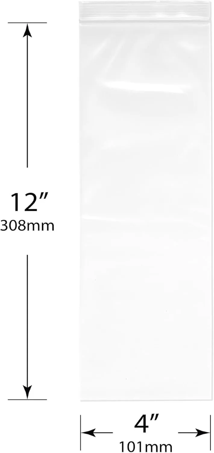 Plymor 4" x 12" (Pack of 100), 4 Mil Heavy Duty Zipper Reclosable Plastic Bags
