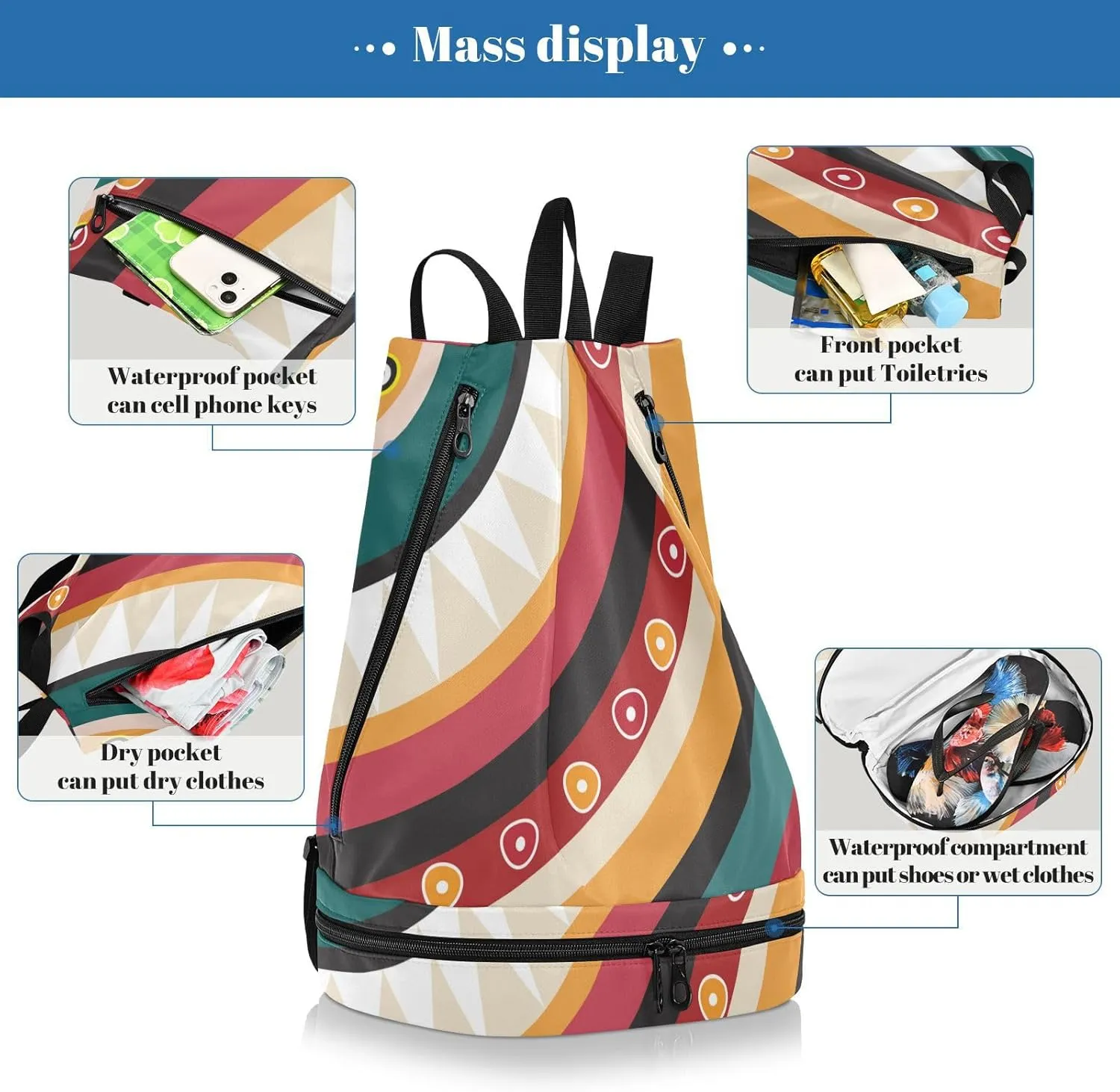 Poeticcity Gym Swimming Drawstring Bags Daypacks Backpack Purse Casual Knapsack Shoulder Bag Sitting Rucksack Colorful Jamaica Tribal Ethnic Pattern a Quarter Cycle