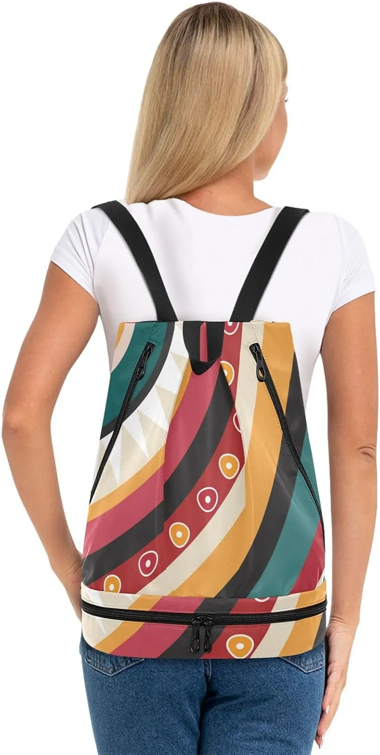 Poeticcity Gym Swimming Drawstring Bags Daypacks Backpack Purse Casual Knapsack Shoulder Bag Sitting Rucksack Colorful Jamaica Tribal Ethnic Pattern a Quarter Cycle
