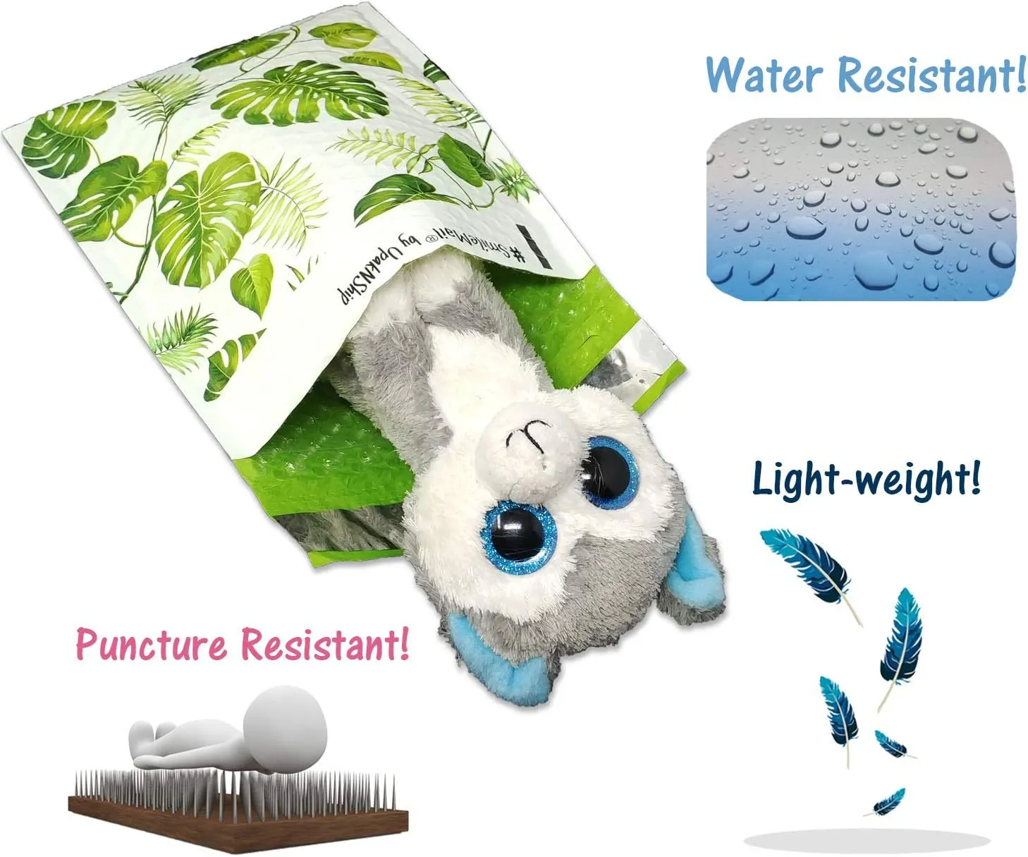 Poly Bubble Mailers, 6x10" Tropical Banana Leaves, Self Sealing Padded Envelope Mailers, (6.5 x 9 Usable Space) Cushioned Peel & Seal Mail Bags W/Kissy Stickers (50)