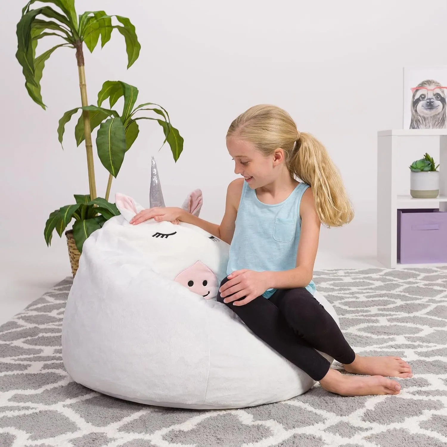 Posh Creations Cute Soft and Comfy Bean Bag Chair for Kids, Animal - Blue Narwal
