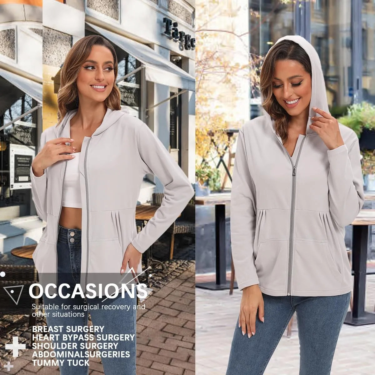 Post Mastectomy Shirts with Drain Pockets Breast Mastectomy Recovery Must Haves Soft Long Sleeve Zip Up Shirts Clothing