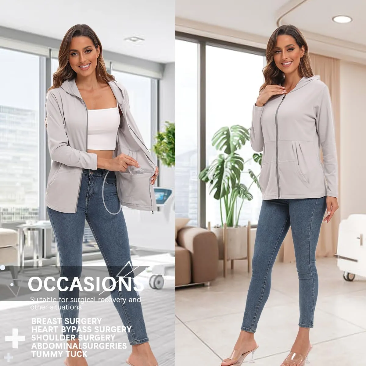 Post Mastectomy Shirts with Drain Pockets Breast Mastectomy Recovery Must Haves Soft Long Sleeve Zip Up Shirts Clothing