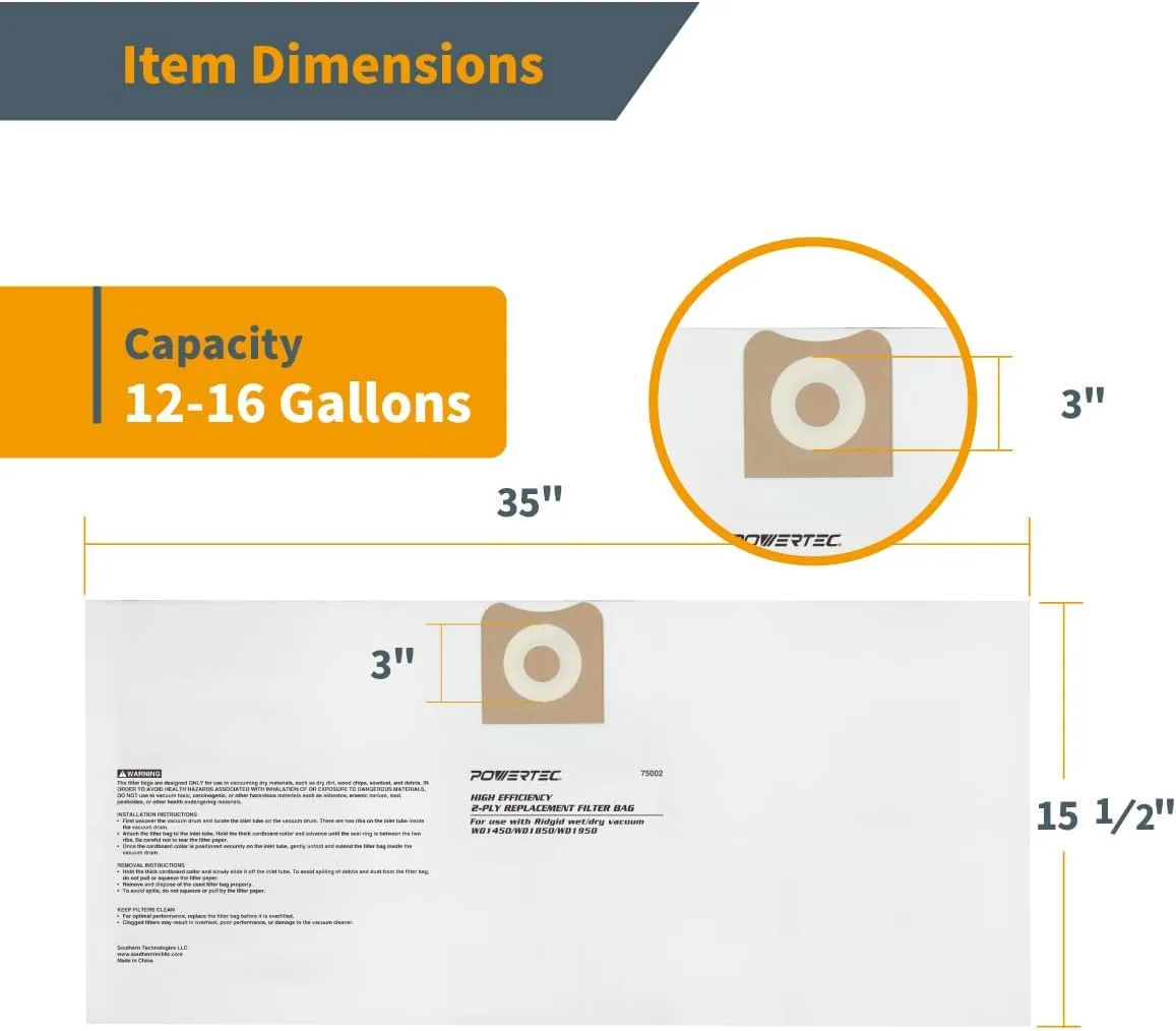 POWERTEC 23743 VF3502 Size A Shop Vacuum Bags for Ridgid 12 Pack, 12-16 Gal. Vacuum Bags for Ridgid HD1200, HD1400 Wet Dry Vac (75002-P6V)
