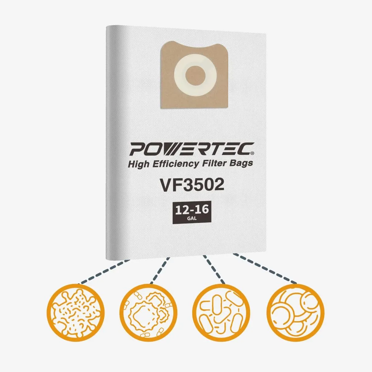 POWERTEC 23743 VF3502 Size A Shop Vacuum Bags for Ridgid 12 Pack, 12-16 Gal. Vacuum Bags for Ridgid HD1200, HD1400 Wet Dry Vac (75002-P6V)
