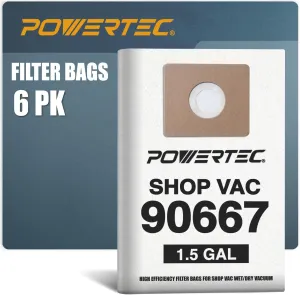 POWERTEC 90667 Shop Vacuum Bags 6PK, for Shop Vac Type A 9066700, 9066733 Filter Bags, 1-1.5 Gallon Replacement For Shop Vac Bags, Shop Vacuum Accessories (75079)