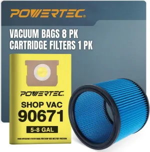 POWERTEC 90671 Shop Vacuum Bags 8PK & 90304 Cartridge Filter 1PK, for Shop Vac 90661 Type E Type H 5-8 Gallon Filter Bag/Type U Filter, fits Most 5 Gallon and Above Wet/Dry Vacuum Cleaners (75106)