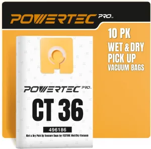 POWERTEC PRO 496186 Premium Vacuum Bags for Wet Mess & Dry Dust 10PK, for Festool CT 36 Dust Extractor, 577084 Selfclean Filter Bags for Festool, Replacement Shop Vacuum Bags, Dust Bags (75089-P2)