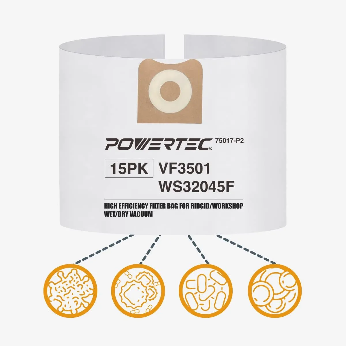 POWERTEC VF3501 Size C Shop Vac Bags for Ridgid 15 Pack, 3-4.5 Gal. 23738 Vacuum Bags for Ridgid 4000RV, WD40700 Wet Dry Vac (75017-P3)