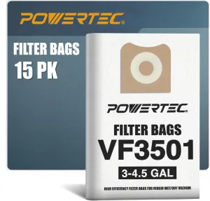 POWERTEC VF3501 Size C Shop Vac Bags for Ridgid 15 Pack, 3-4.5 Gal. 23738 Vacuum Bags for Ridgid 4000RV, WD40700 Wet Dry Vac (75017-P3)