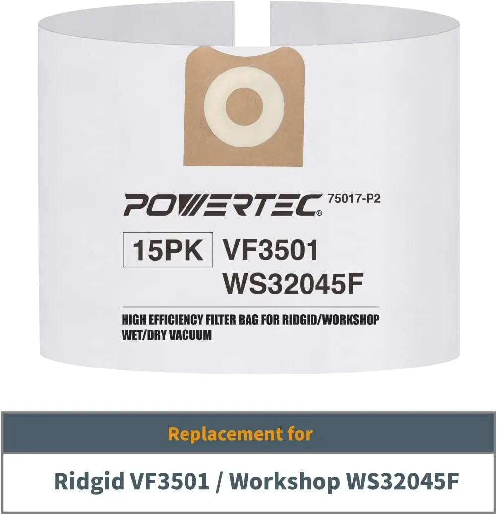 POWERTEC VF3501 Size C Shop Vac Bags for Ridgid 15 Pack, 3-4.5 Gal. 23738 Vacuum Bags for Ridgid 4000RV, WD40700 Wet Dry Vac (75017-P3)