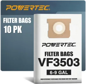 POWERTEC VF3503 Size B Shop Vac Bags for Ridgid 10 Pack, 6-9 Gal. 40153 Vacuum Bags for Ridgid HD9000 & Workshop WS32090F2 Wet Dry Vac (75016-P5)