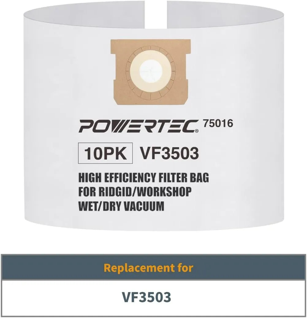 POWERTEC VF3503 Size B Shop Vac Bags for Ridgid 10 Pack, 6-9 Gal. 40153 Vacuum Bags for Ridgid HD9000 & Workshop WS32090F2 Wet Dry Vac (75016-P5)