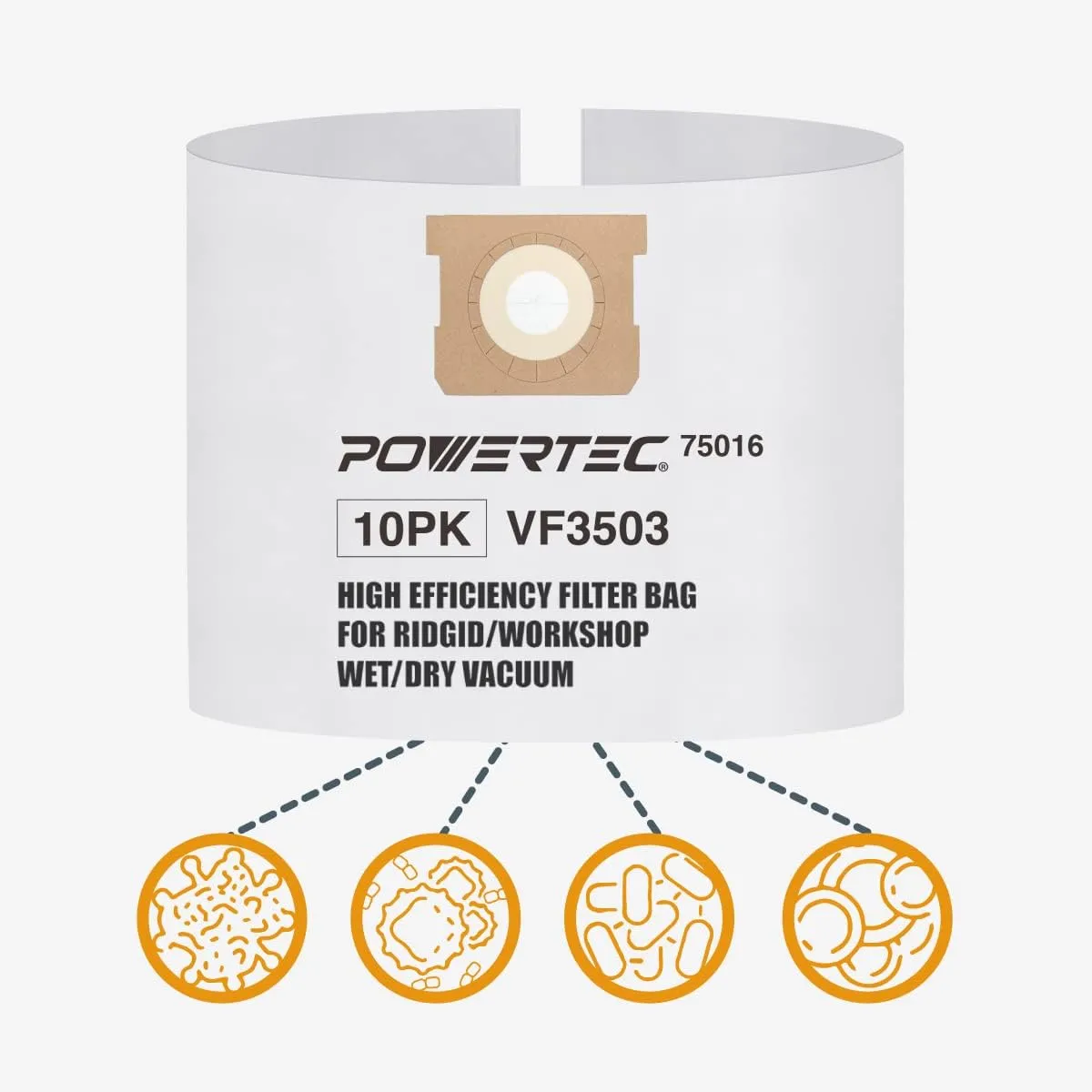 POWERTEC VF3503 Size B Shop Vac Bags for Ridgid 10 Pack, 6-9 Gal. 40153 Vacuum Bags for Ridgid HD9000 & Workshop WS32090F2 Wet Dry Vac (75016-P5)