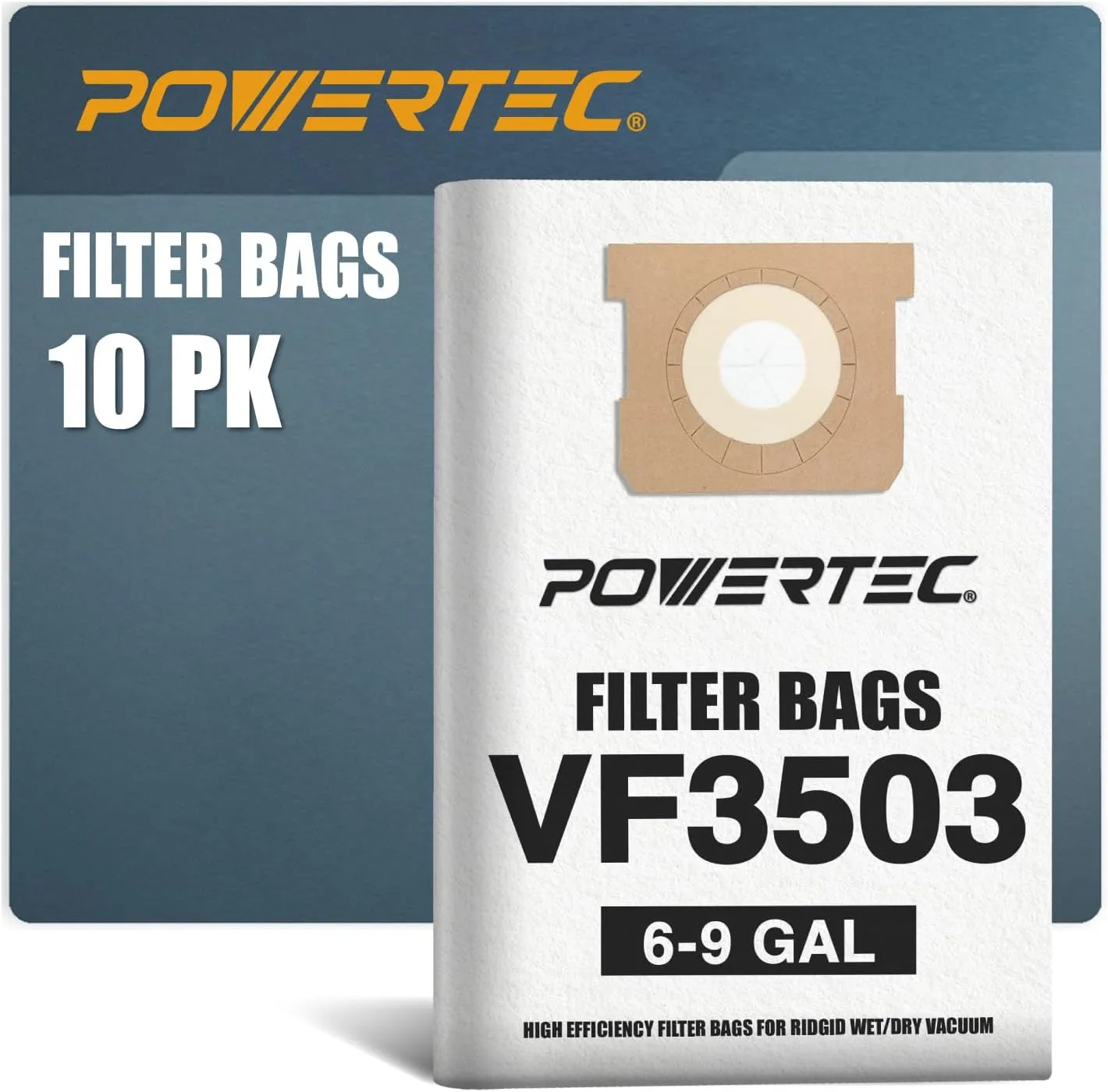 POWERTEC VF3503 Size B Shop Vac Bags for Ridgid 10 Pack, 6-9 Gal. 40153 Vacuum Bags for Ridgid HD9000 & Workshop WS32090F2 Wet Dry Vac (75016-P5)