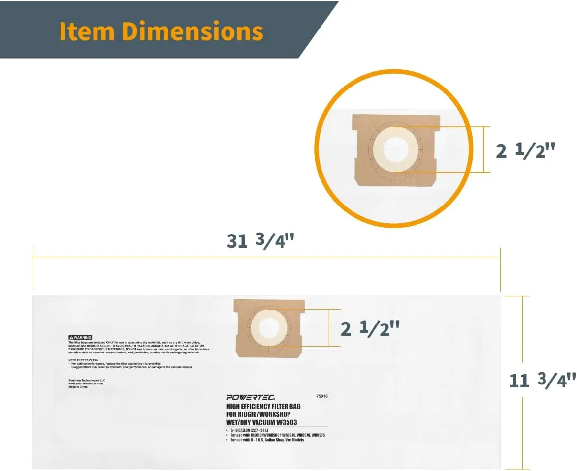 POWERTEC VF3503 Size B Shop Vac Bags for Ridgid 10 Pack, 6-9 Gal. 40153 Vacuum Bags for Ridgid HD9000 & Workshop WS32090F2 Wet Dry Vac (75016-P5)
