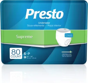 Presto Supreme Breathable Incontinence Underwear for Women and Men - Disposable, Odor Eliminator, Small - 80 ct (4 Bags of 20)
