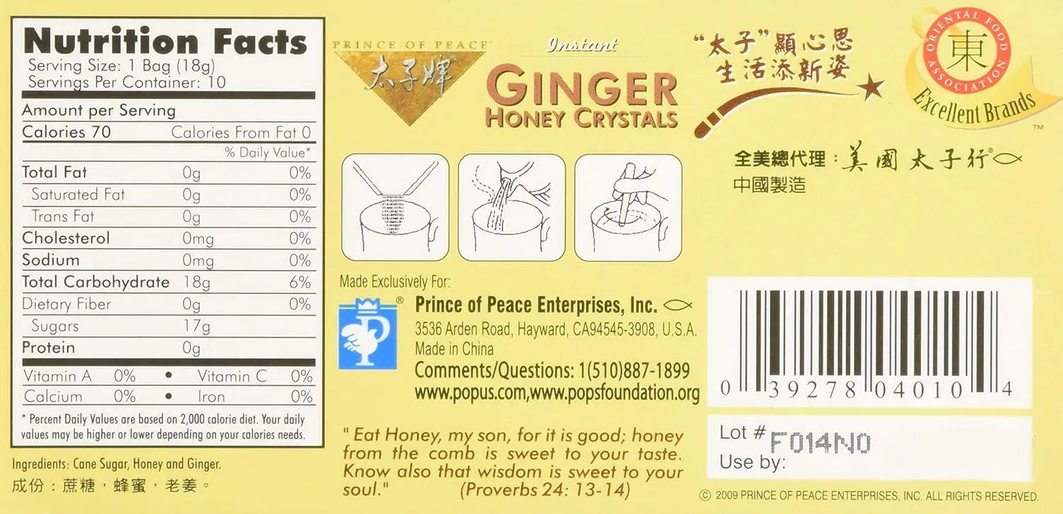 Prince Of Peace Ginger Honey Instant Crystal Tea - 10 bags per pack - 6 packs per case.