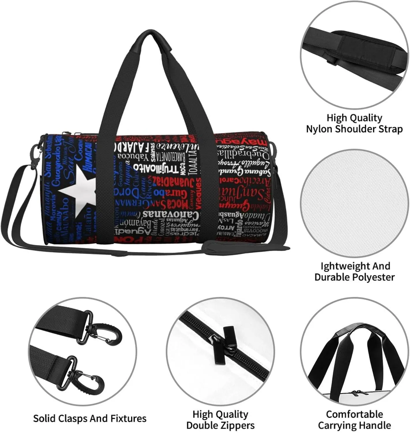 Puerto Rico Towns Flag Round Travel Duffel Bag Large Capacity Gym Sports Bags for Hiking Vacation Trips