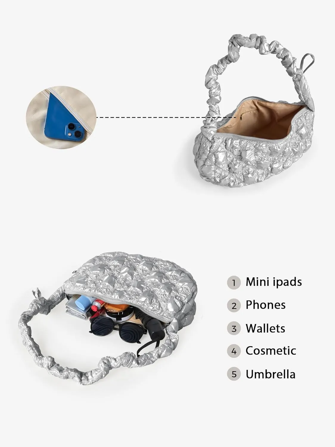 Puffer Quilted Crossbody Bags for Women Small Shoulder Bag Handbag Crescent Purse with Adjustable Strap