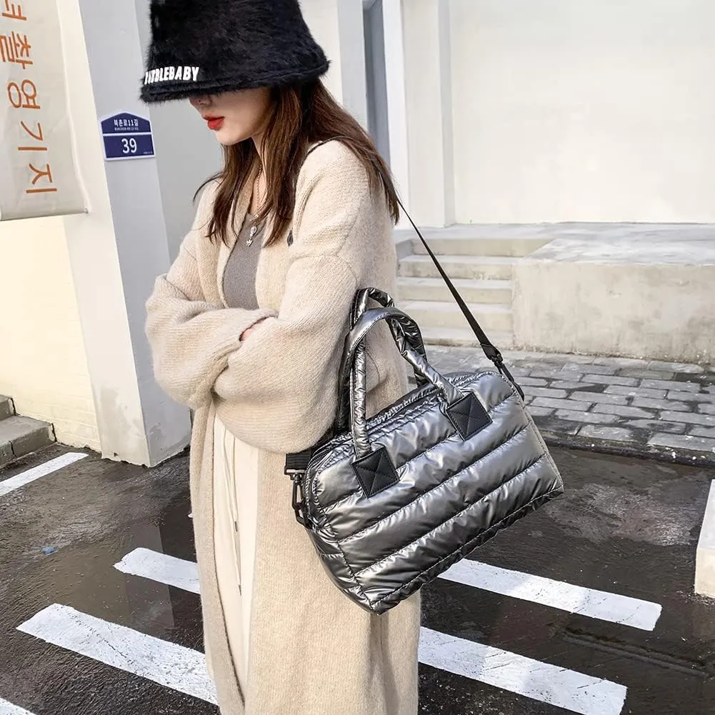 Puffer Tote Bag for Women, Quilted Cotton Padded Designer Handbag, Winter Down Padded Shoulder Bag