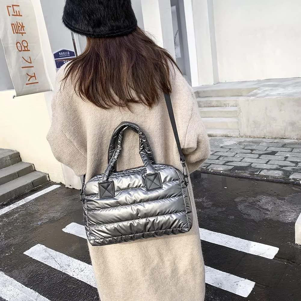 Puffer Tote Bag for Women, Quilted Cotton Padded Designer Handbag, Winter Down Padded Shoulder Bag