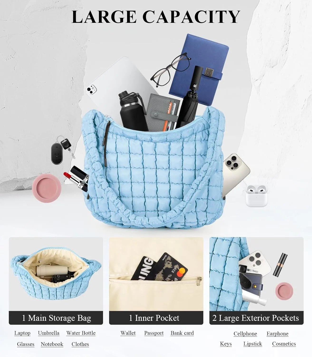 Puffer Tote Bag for Women, Quilted Tote Bag Puffer Bag, Large Quilted Crossbody Bags Carryall Bag, Hobo Bags for Travel