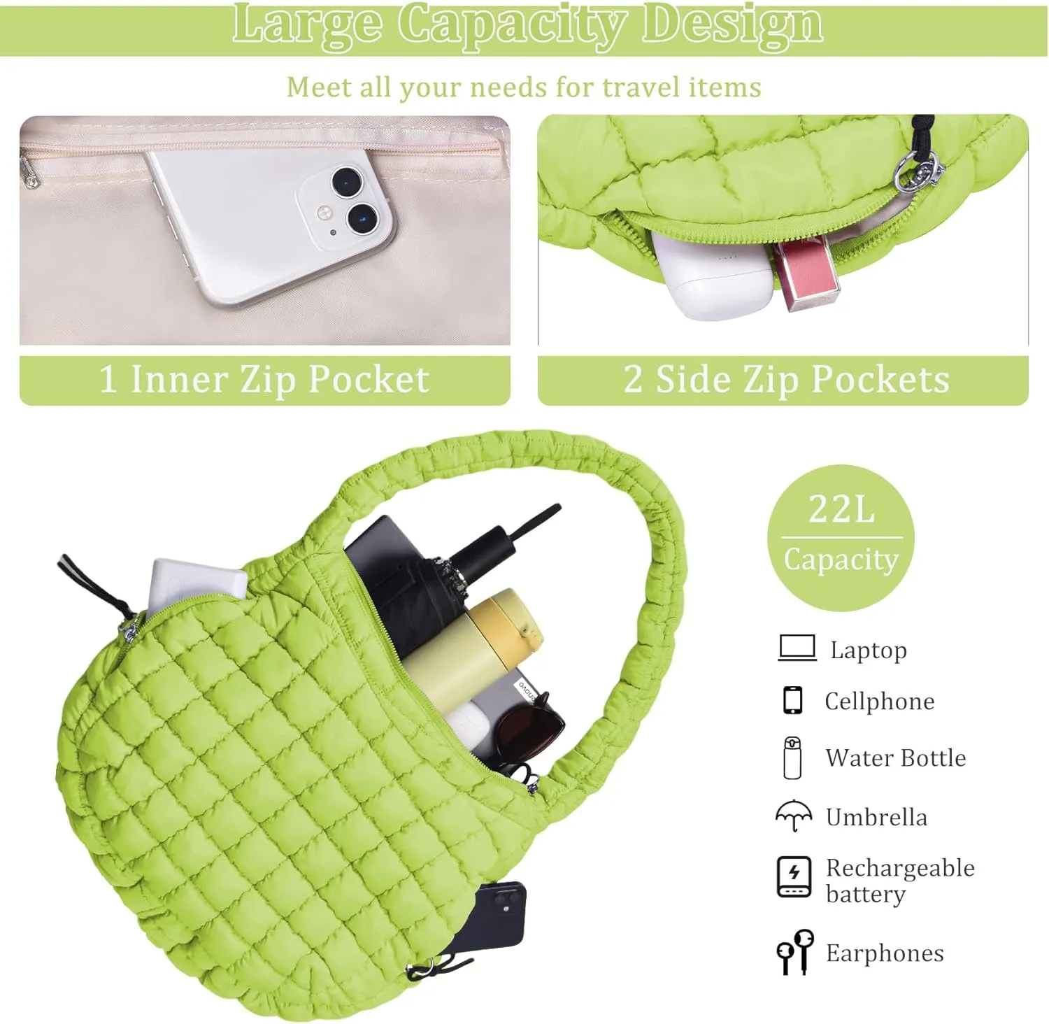 Puffer Tote Bag Quilted Tote Bag for Women Large Puffy Purse Lightweight Padding Cotton Crossbody Carryall Bag