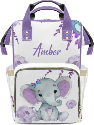 Purple Flower Elephant Diaper Bags Backpack Customized Baby Bag Nursing Nappy Bag Travel Tote Gifts for Women