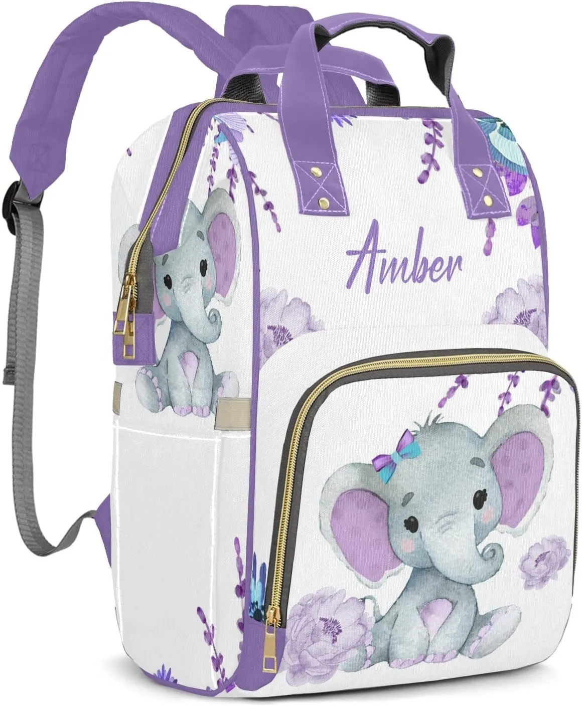 Purple Flower Elephant Diaper Bags Backpack Customized Baby Bag Nursing Nappy Bag Travel Tote Gifts for Women
