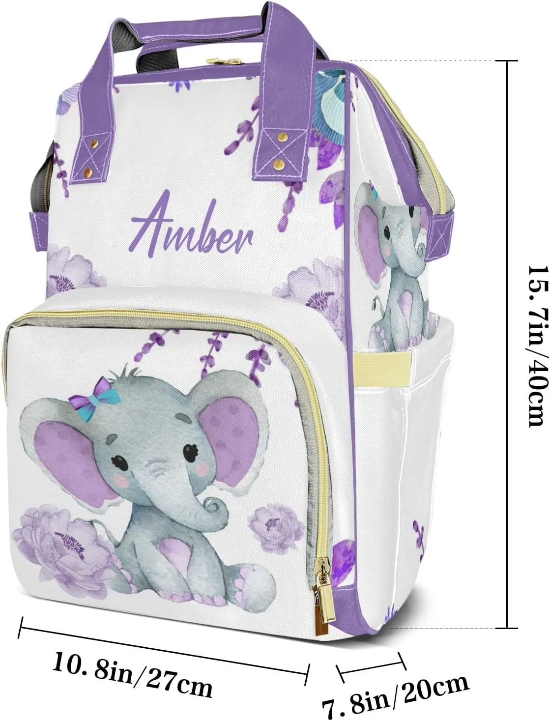Purple Flower Elephant Diaper Bags Backpack Customized Baby Bag Nursing Nappy Bag Travel Tote Gifts for Women