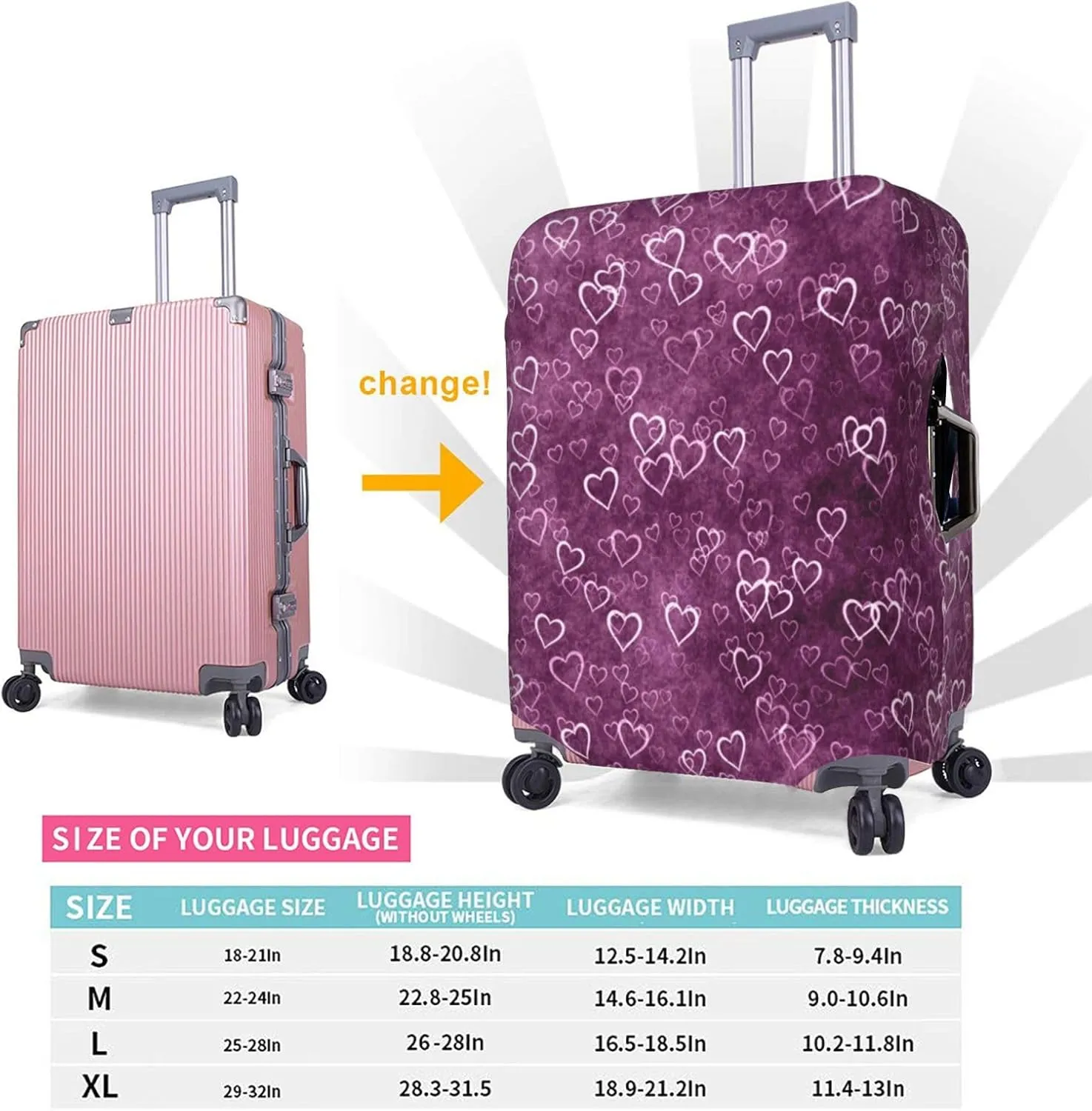 Purple Heart Pattern Luggage Covers Travel Suitcase Cover Protector Fit 18-32 Inch Luggage