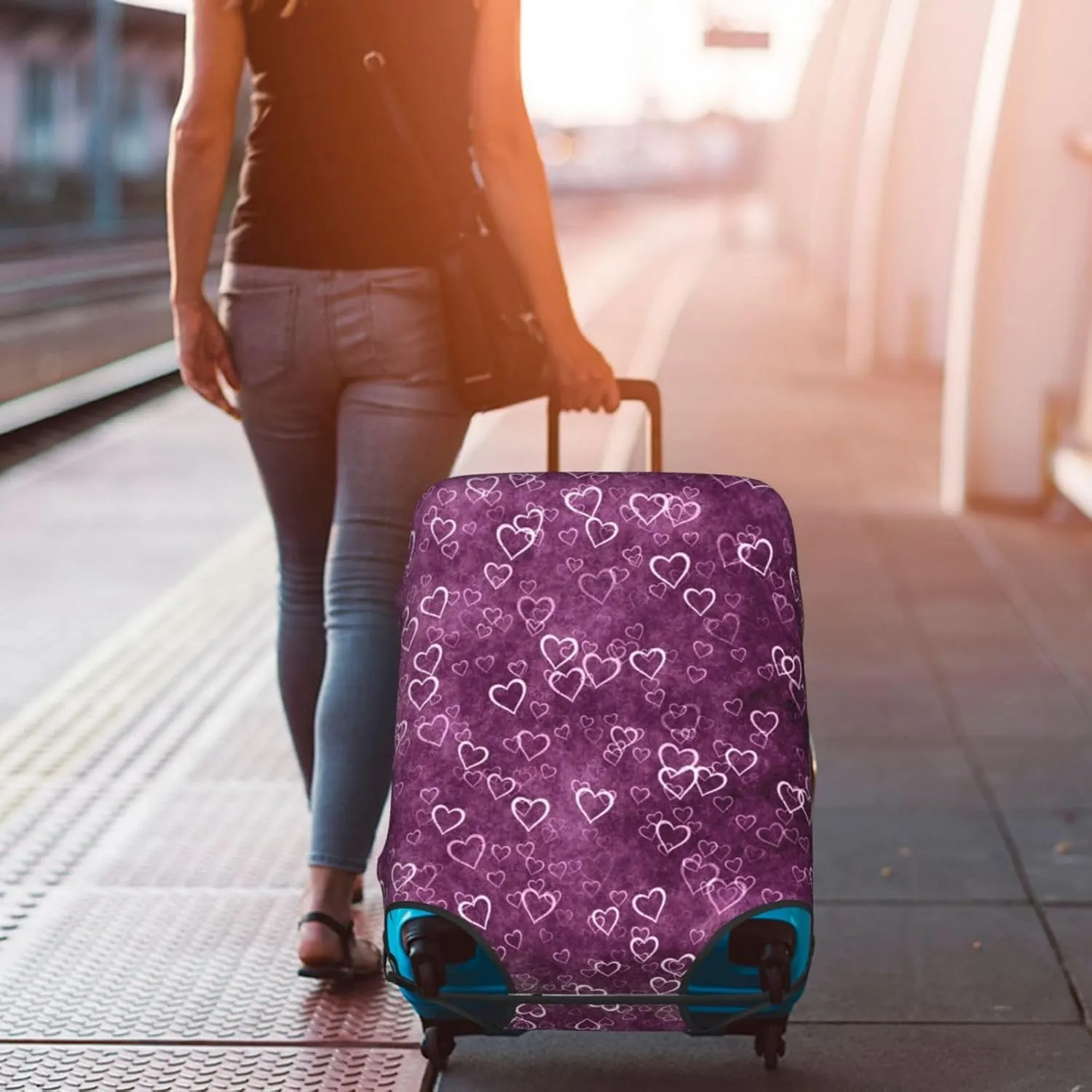 Purple Heart Pattern Luggage Covers Travel Suitcase Cover Protector Fit 18-32 Inch Luggage