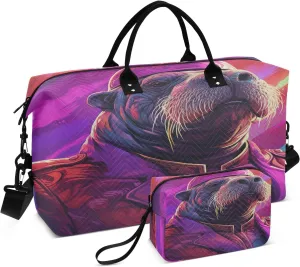 Purple Watercolor Walrus Sports Swim Gym Bag Weekender Duffel Travel Bags Handbag with Makeup Storage Bag for Girls Men