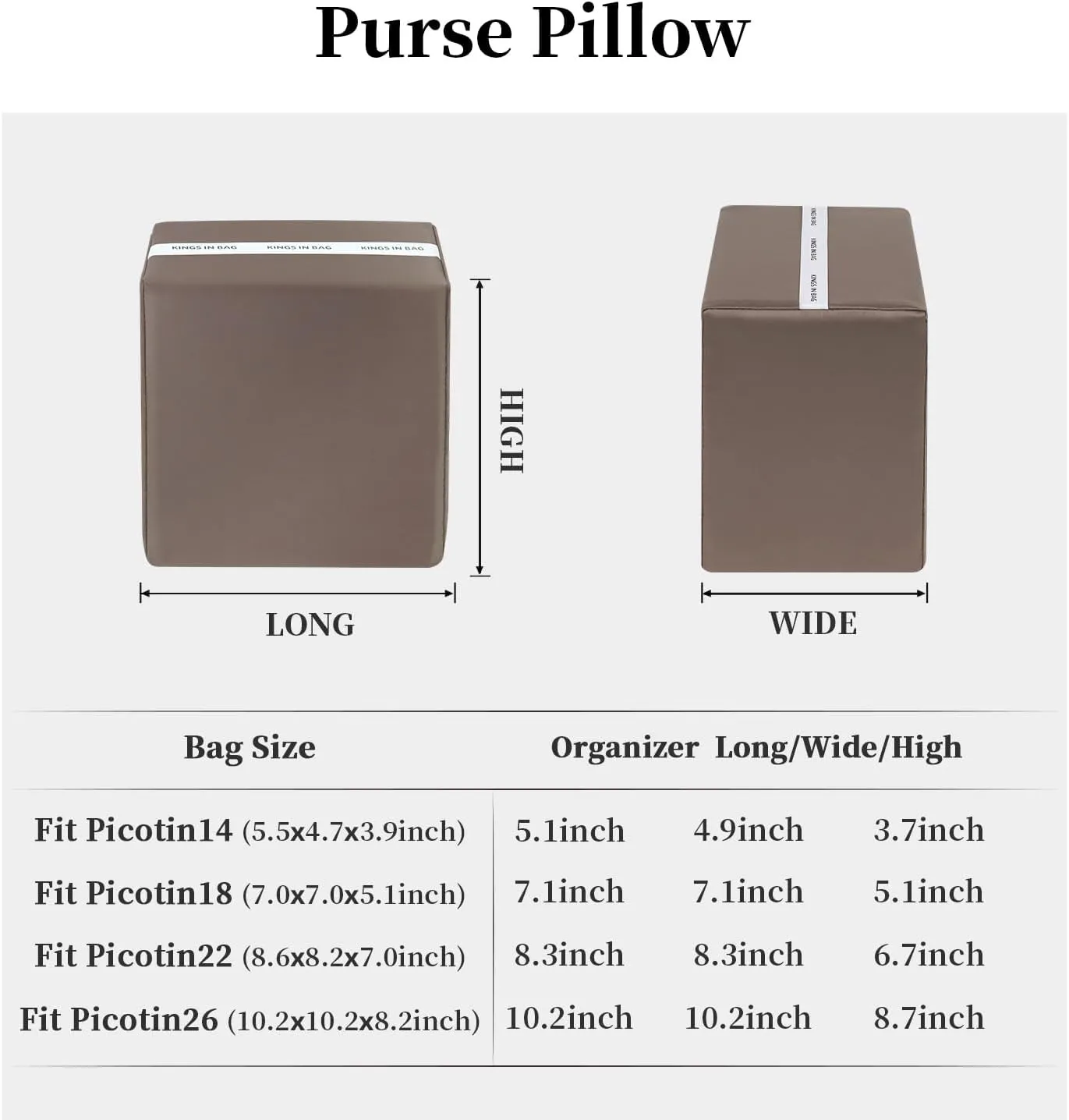 Purse Handbag Shaper Pillow Insert for Tote Bags, Luxury Bag Shaper with Lightweight Silk, Fits for Picotin 22 Bags, Soft Memory Foam Inner (Etoupe grey, Picoin22)
