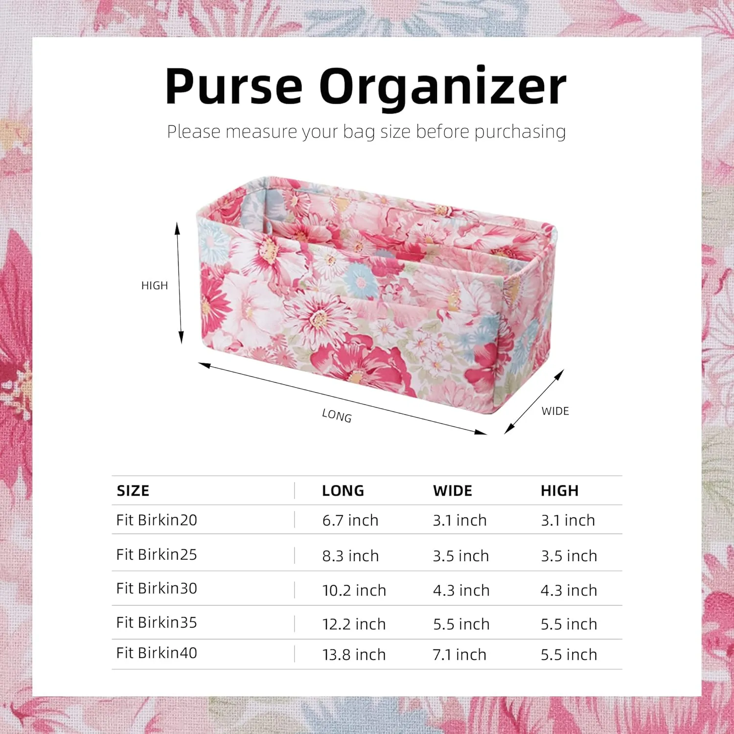 Purse Organizer Insert Fits Birkin 25/30/35/40 bags, Lightweight Bag Shaper Liner for Women Luxury Handbag Tote, Soft Inner Bag (BK30, Blooming)