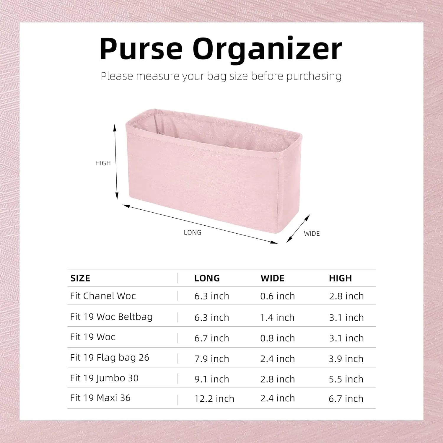 Purse Organizer Insert Fits Chanel 19 Bags, Lightweight Bag Shaper for Women Luxury Handbag Tote, Soft Inner Bag (Jumbo 30, Pink)