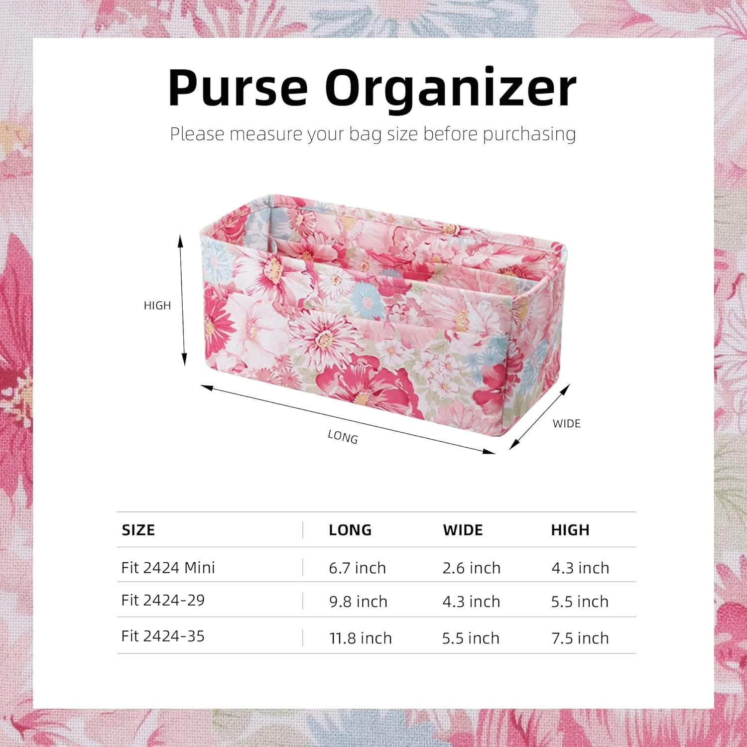 Purse Organizer Insert fits Kelly24/24 mini/29/35 bags, Lightweight Bag organizer for Women Luxury Handbag Tote, Soft Inner Bag (24/24-mini, Blooming)