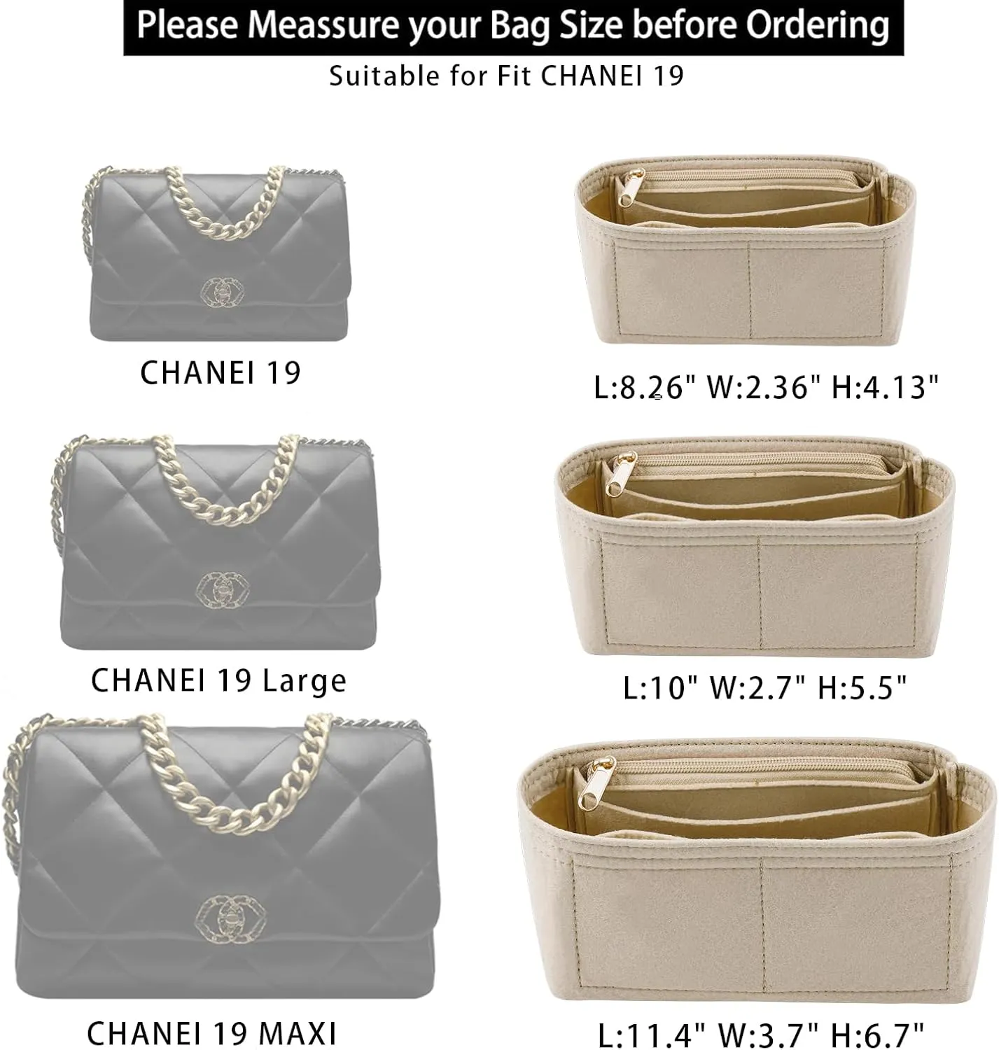 Purse Organizer Insert for CHANEL 19 Flap Bag Organizer Insert Handbag (Beige, Small)