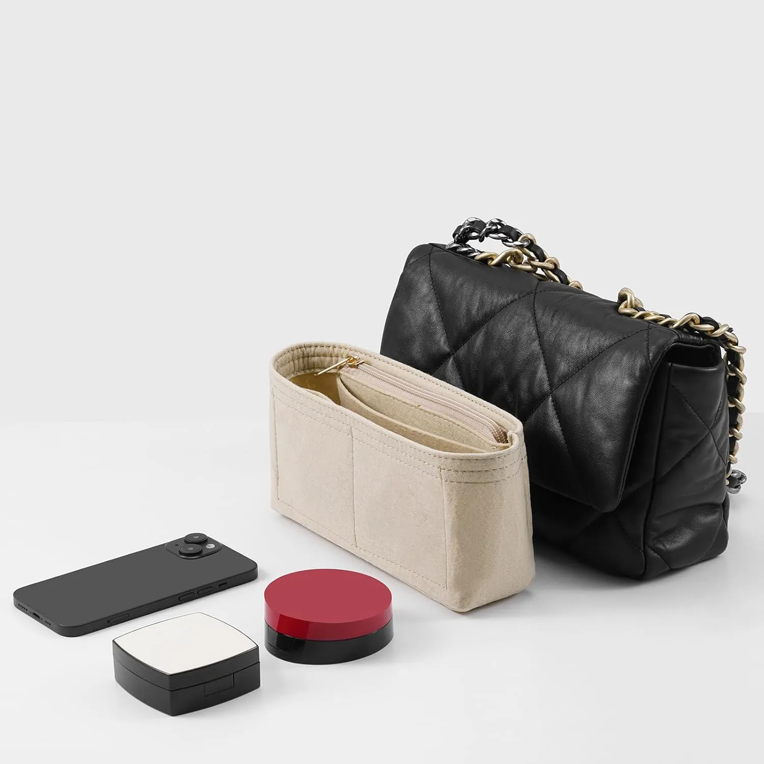 Purse Organizer Insert for CHANEL 19 Flap Bag Organizer Insert Handbag (Beige, Small)