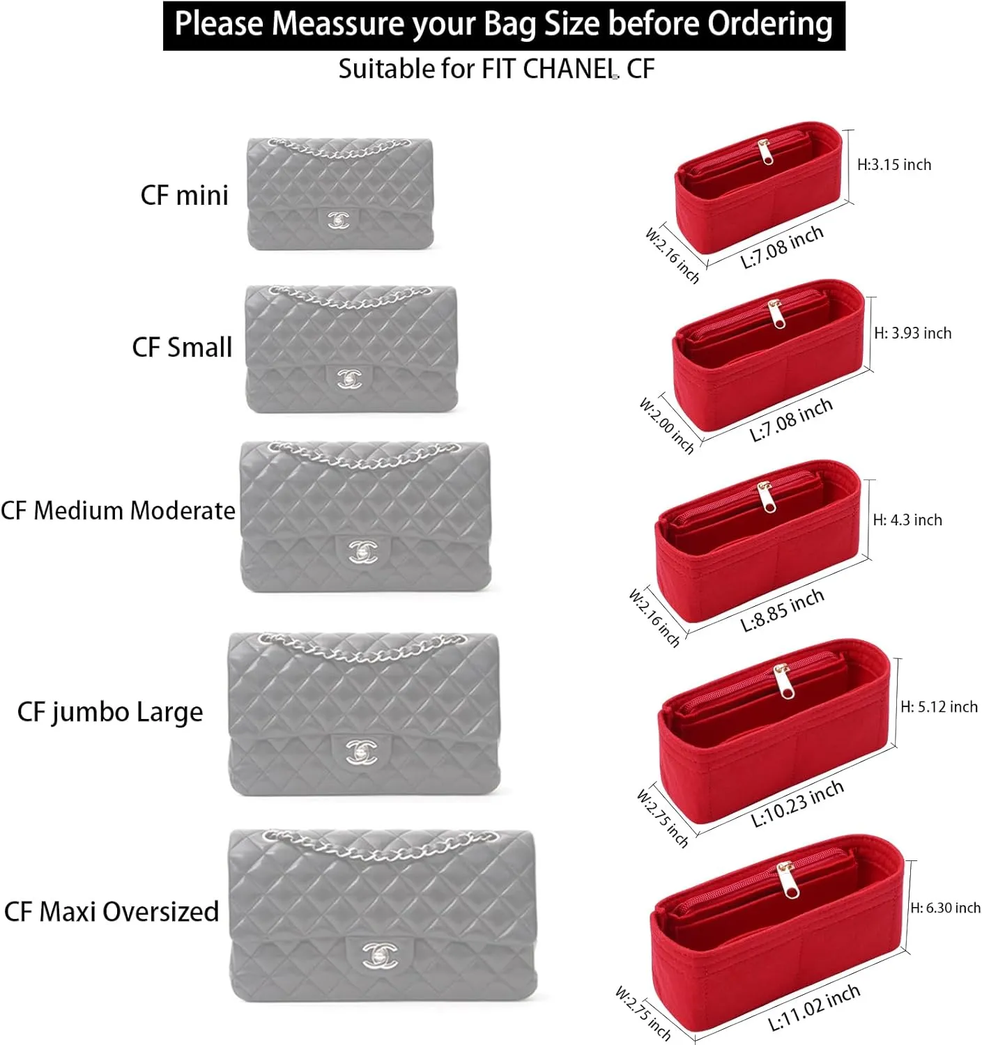 Purse Organizer Insert for Chanel Classic Flap Medium Bag Organizer Insert Handbag (Red, Medium)