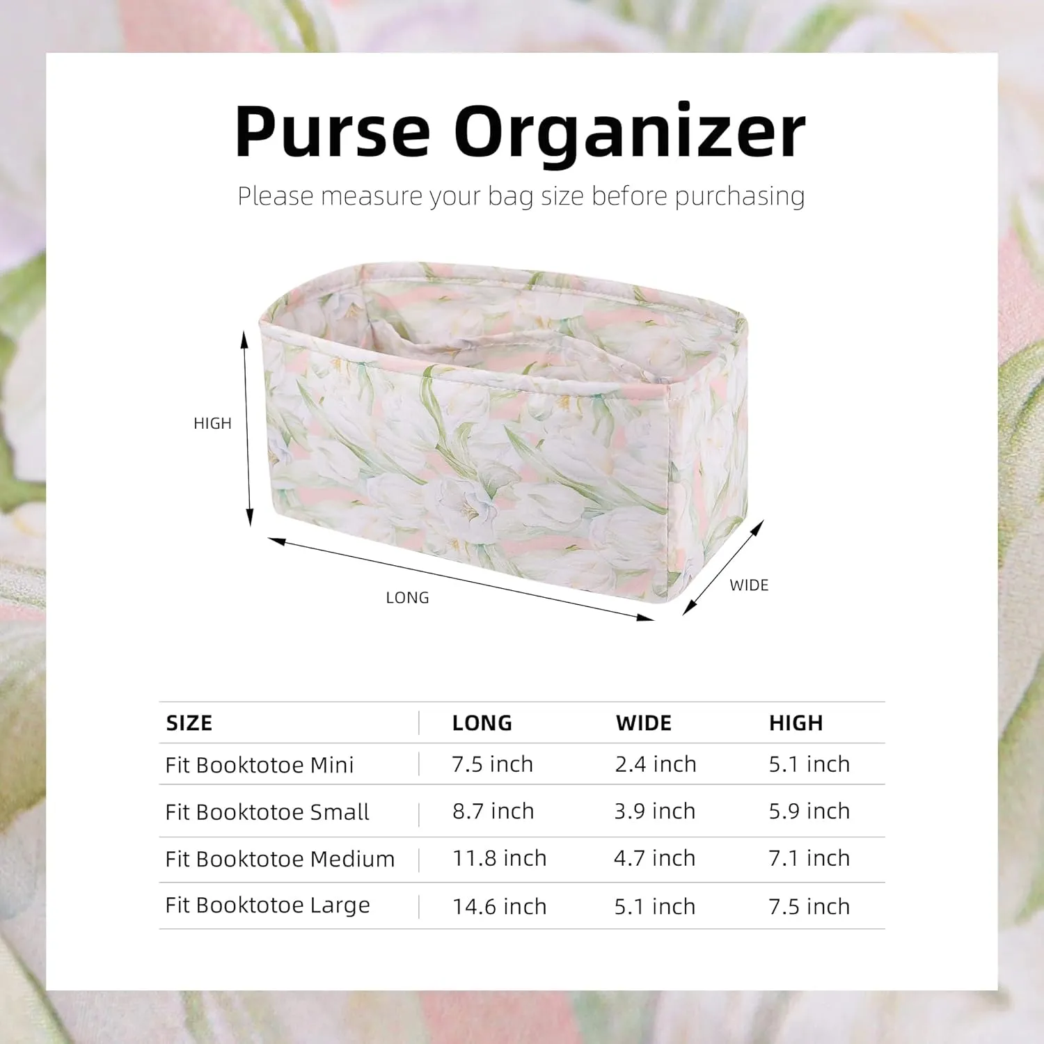 Purse Organizer Insert For Dior Booktote mini/S/M/L, Lightweight Bag Shaper Liner, Soft Women Luxury Handbag Tote Inner Bag (Booktote Medium, French Tulips)