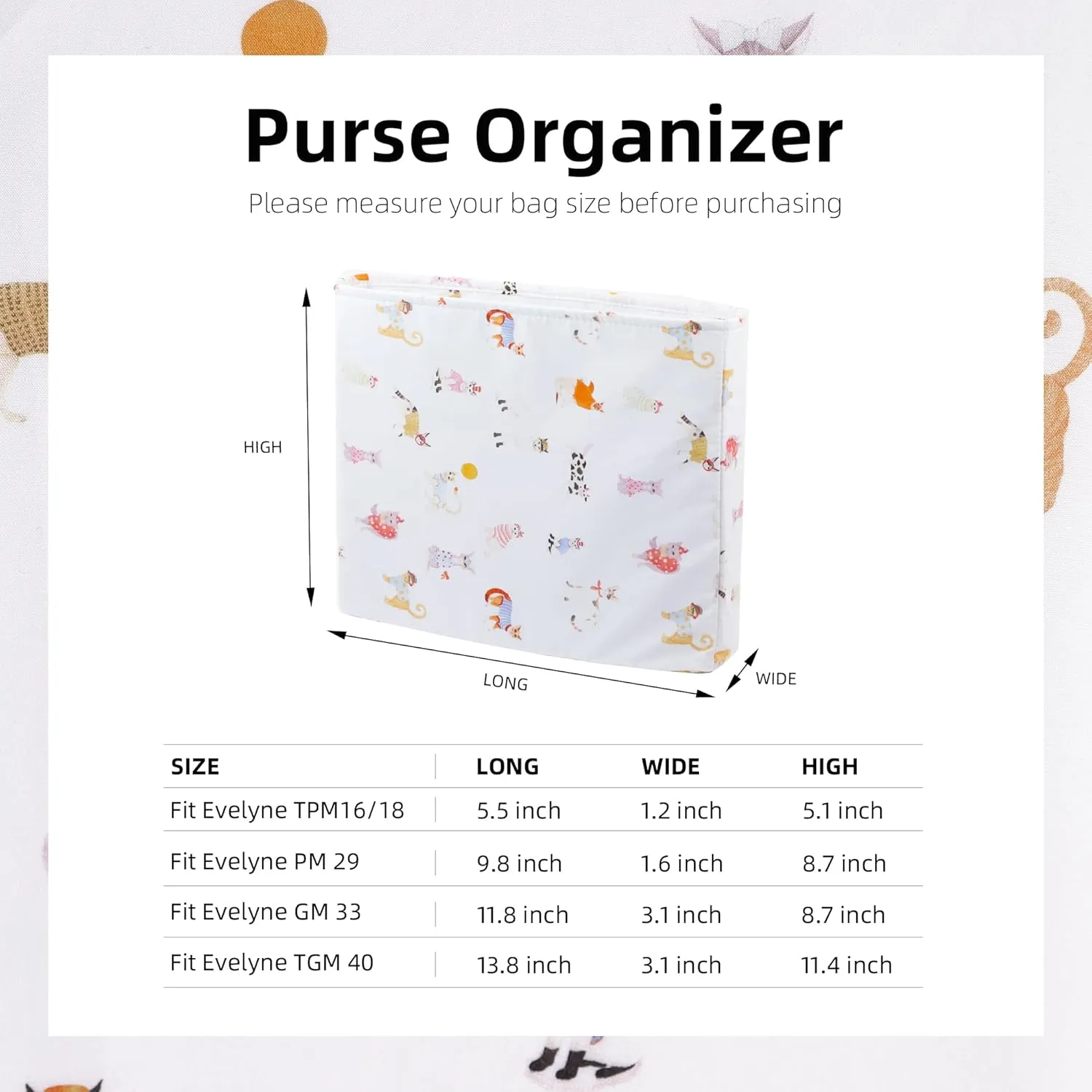 Purse Organizer Insert For Evelyne TPM/PM/GM/TGM, Lightweight Bag Shaper Liner, Soft Luxury Handbag Tote Inner Bag (PM-29,Cat Paradise)