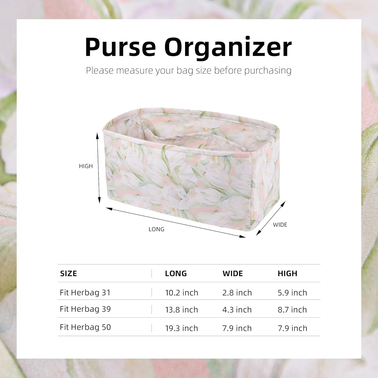 Purse Organizer Insert for Herbag 31/39/50, Lightweight Bag Shaper Liner, Soft Luxury Handbag Tote Inner Bag (Herbag31, French Tulips)