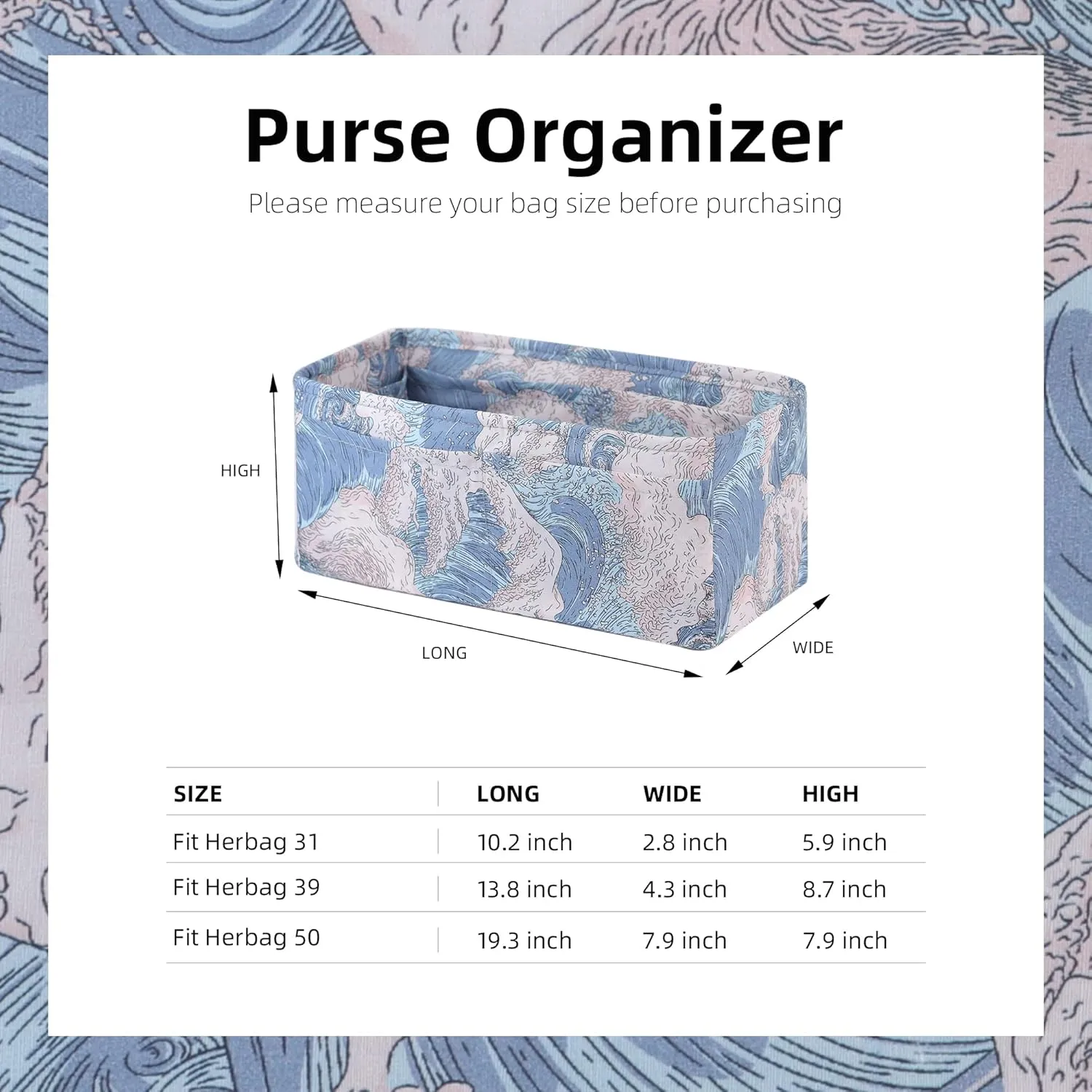 Purse Organizer Insert for Herbag 31/39/50, Lightweight Bag Shaper Liner, Soft Luxury Handbag Tote Inner Bag (Herbag31, Sea and waves)