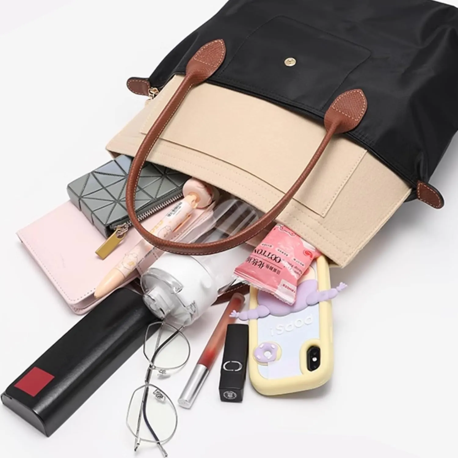 Purse Organizer Insert for Longchamp Le Pliage M Handbag Insert, Felt Handbag Organizer Insert Large Tote with Cup Holder, Bag Organizer with Zipper,8 Compartments(Beige, M10.23*7.87*5.12in)