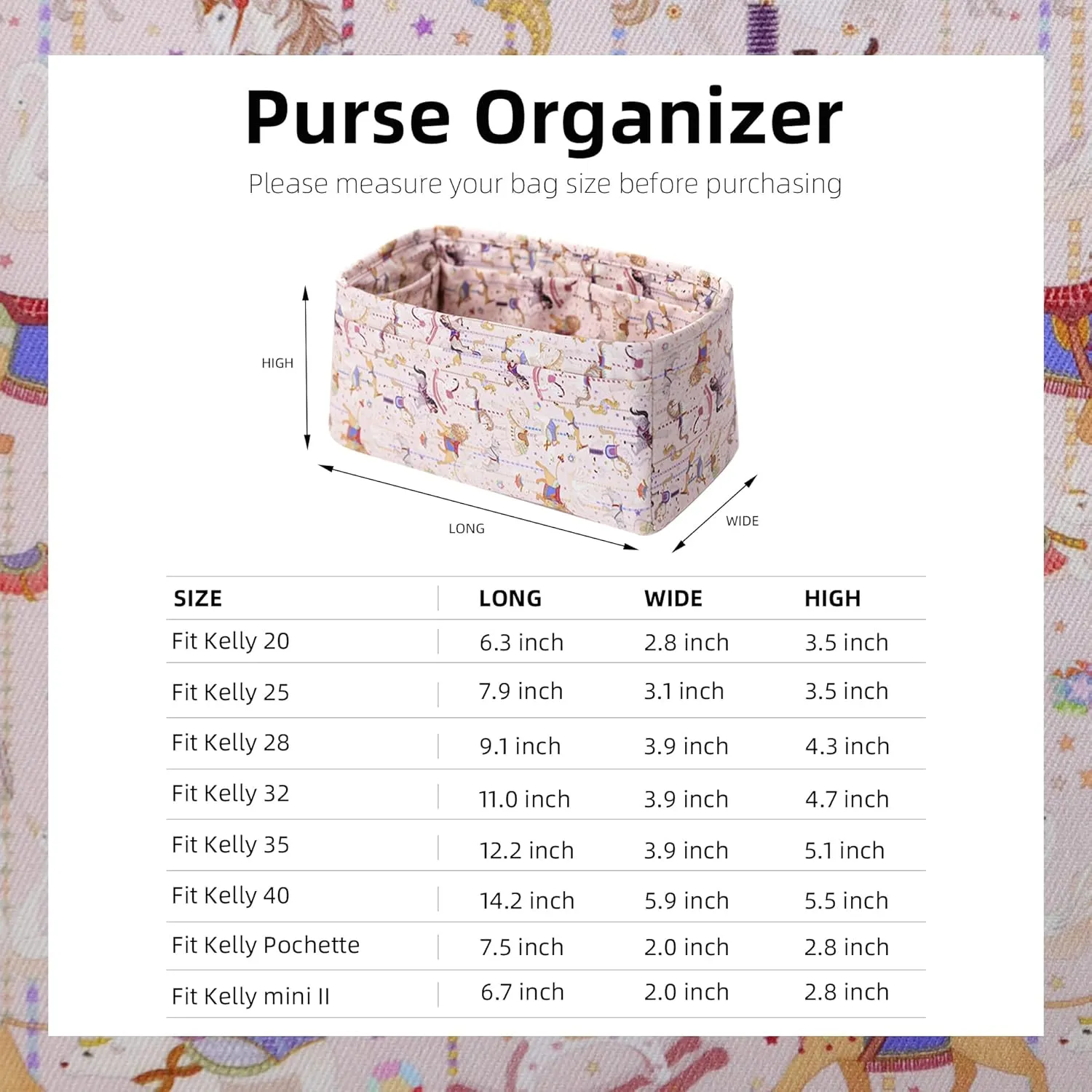 Purse Organizer Insert, unique pattern Bag organizer, bag in bag for luxury bags, fit Kelly mini/25/28/32/35 bags (KL28, Circus(Pink))