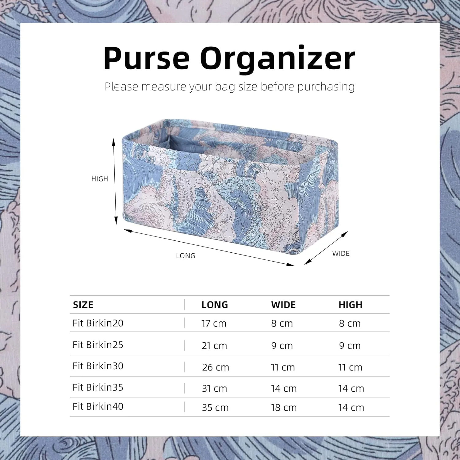 Purse Organizer Insert, unique pattern Bag Organizer Liner, Handbag Organiser Insert, Bag Tote Shaper fit Birkin 20/25/30/35/40 bags(BK25,Sea and waves)