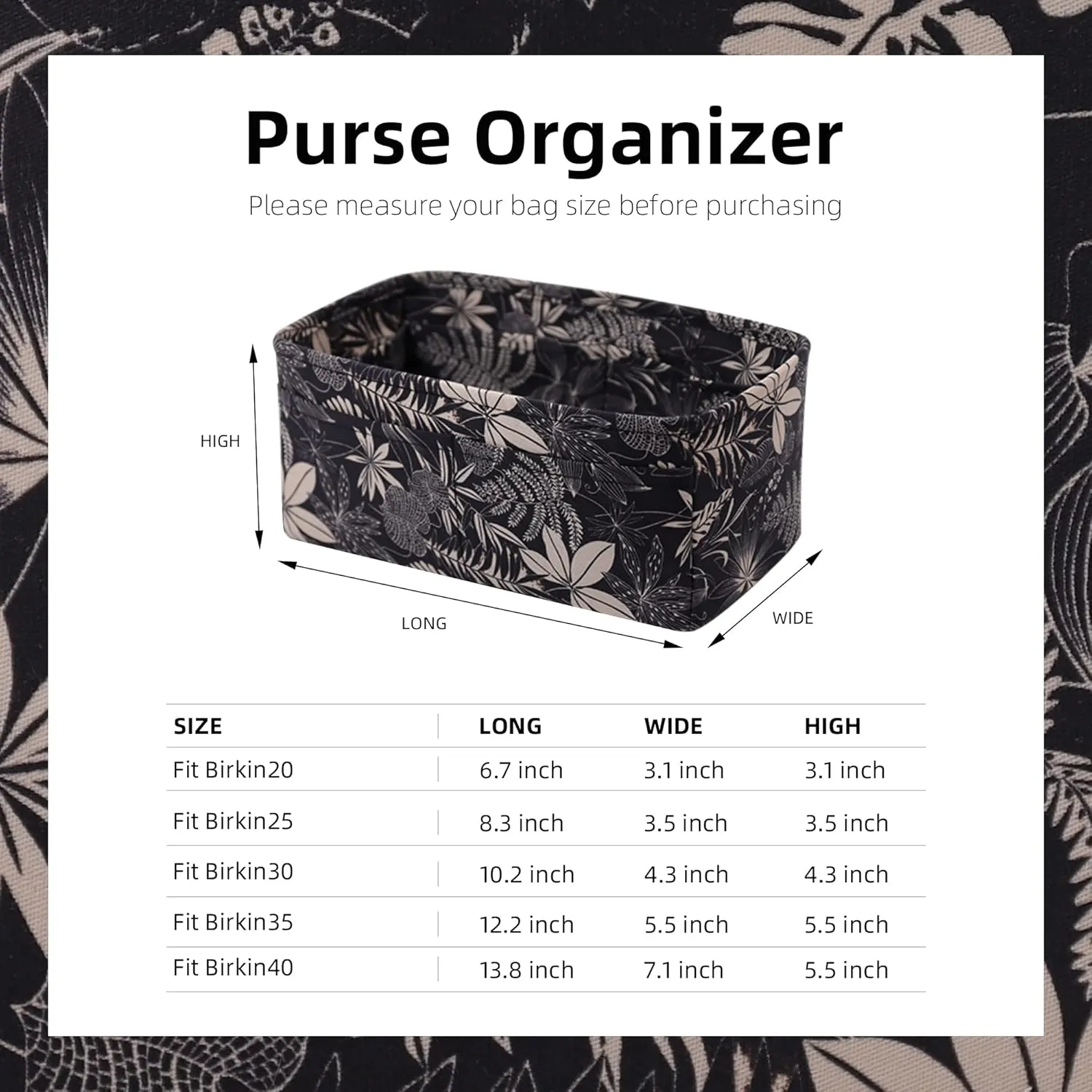 Purse Organizer Insert, unique pattern Bag Organizer Liner, Handbag Organiser Insert, Bag Tote Shaper fit Birkin 20/25/30/35/40 bags(BK30,Dark Fragrance)