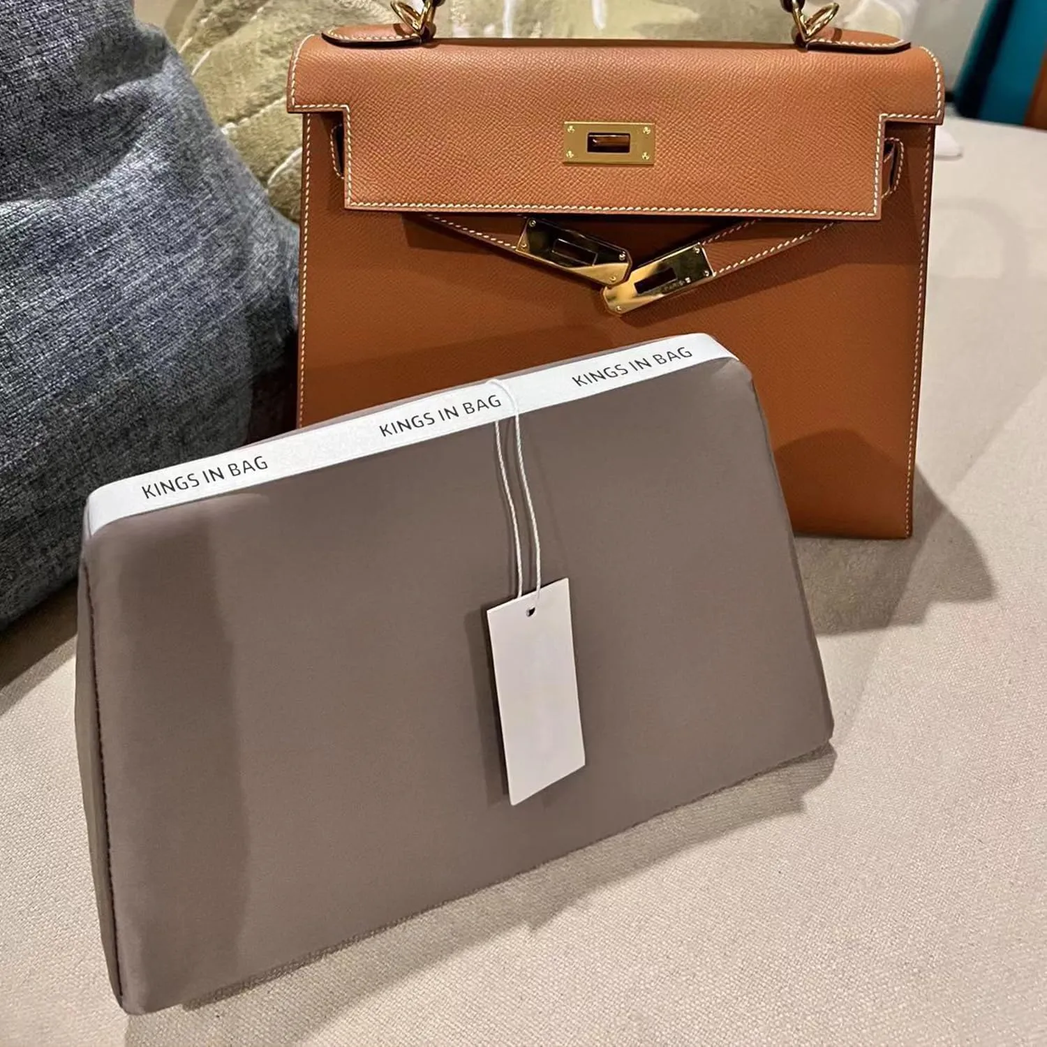 Purse Pillow Insert Compatible with Kelly Bags, Handbag Filler with Soft Satins for Luxury Bags, Soft Purse Inner Pillow with Memory Foam for Handbag Storage (Etoupe Grey, KE 25 Sellier)